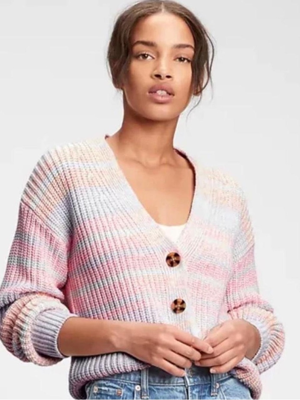 GAP Pastel Striped V-Neck Button Cardigan - Pink, Blue, Cream